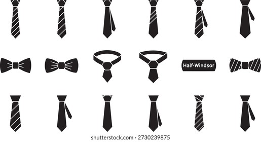 Black and white neckties and bowties collection with various styles and patterns
