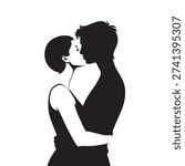 Black and white negative space silhouette of a romantic couple kissing vector illustration
