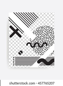 black and white Neo Memphis geometric pattern juxtaposed with bright bold blocks of color zig zags, squiggles, erratic images. Design background elements composition. Magazine, leaflet, billboard