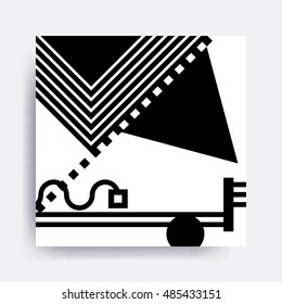 black and white Neo Memphis geometric pattern juxtaposed with bold blocks of zig zags, squiggles, erratic images. Design background elements composition. Magazine, leaflet, billboard