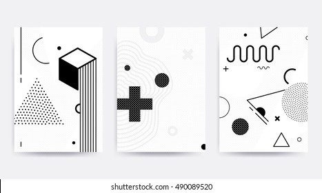 Black and white Neo Memphis geometric pattern set juxtaposed with bright bold blocks of color zig zags, squiggles, erratic images. Design background elements composition. Magazine, leaflet, billboard