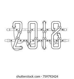 Black and white Neon sign 2018 on transparent background with wires, tubes, brackets and holders. Vector element for New Year card, logo or other design. Vector