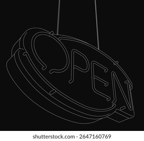 Black and white neon sign spelling "open" hangs from a thin string, glowing softly against a dark, moody background. The retro typography creates a vintage aesthetic, perfect for cafe or shop.