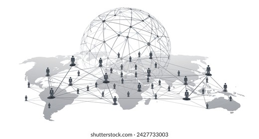 Black and White Networks, Business or Social Media Connections Concept Design with Grey World Map and 3D Polygonal Mesh on Isolated White Background - Businessman Figures Connected with Polygonal Mesh