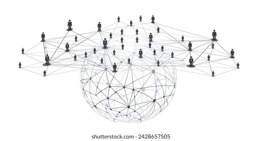 Black and White Networks, Business or Social Media Connections Concept Design with Grey Globe and 3D Wireframe Mesh on Isolated White Background - Businessman Figures Connected with Polygonal Mesh