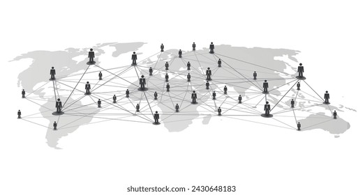 Redes en blanco y negro, negocios o redes sociales Diseño conceptual con mapa del mundo y malla poligonal sobre fondo blanco aislado - figuras grises de hombres de negocios conectados con malla poligonal