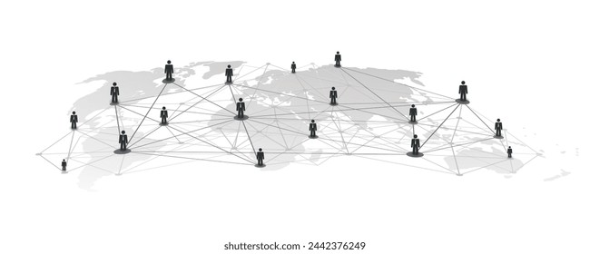 Black and White Networks, Business or Social Media Connections Concept Design with World Map and Polygonal Mesh on Isolated White Background - Grey Business Men Figures Connected with Polygonal Mesh