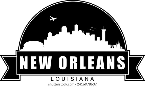 Black and white New Orleans Louisiana buildings skyline negative air space silhouette dome shaped emblem with scroll banner below and name text inside. Vector eps graphic design.