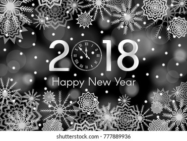 Black and white New Year 2018 concept. Falling snow background with flares and sparkles.  Snowflakes abstract. Winter thunder. Vector illustration