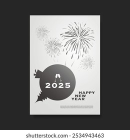 Black and White New Year Card Background - Flyer, Cover or Poster Design with Fireworks - 2025