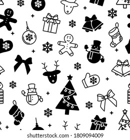 Black and white new year seamless pattern with Christmas drawn elements