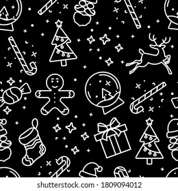 Black and white new year seamless pattern with Christmas drawn elements on black background