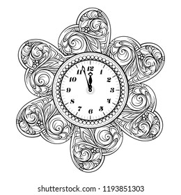 Black and white New Year vector clock. Holiday coloring page.