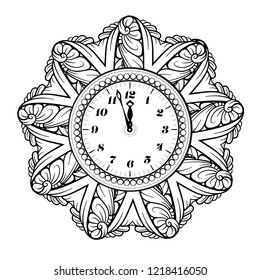 Reloj vectorial de Año Nuevo blanco y negro. Página de coloreado de vacaciones.