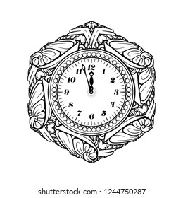 Black and white New Year vector clock. Holiday coloring page.