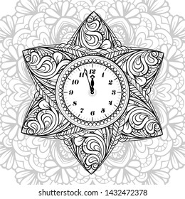Black and white New Year vector clock. Holiday coloring page.