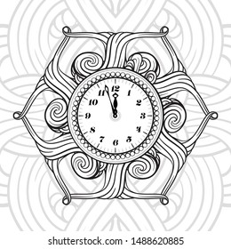 Black and white New Year vector clock. Holiday coloring page.