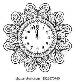 Black and white New Year vector clock. Holiday coloring page.