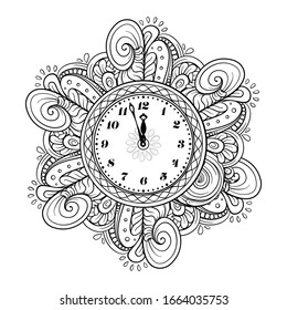 Black and white New Year vector clock. Holiday coloring page.