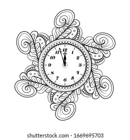 Reloj vectorial de Año Nuevo blanco y negro. Página de coloreado de vacaciones.