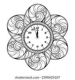 Reloj vectorial de Año Nuevo blanco y negro. Página de coloreado de vacaciones.