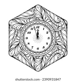 Black and white New Year vector clock. Holiday coloring page.