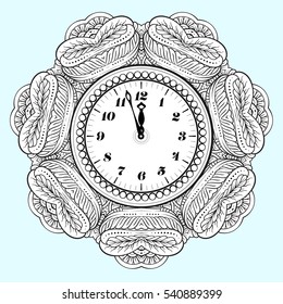 Black and white New Year vector clock. Holiday coloring page.
