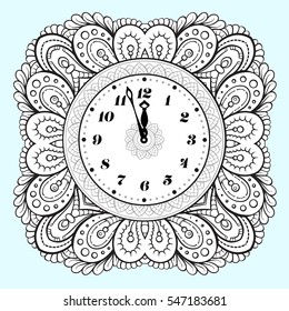 Black and white New Year vector clock. Holiday coloring page.