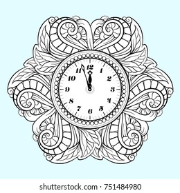 Reloj vectorial de Año Nuevo blanco y negro. Página de coloreado de vacaciones.