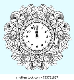 Black and white New Year vector clock. Holiday coloring page.