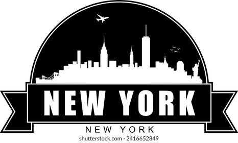 Black and white New York buildings skyline negative air space silhouette dome shaped emblem with scroll banner below and name text inside. Vector eps graphic design.