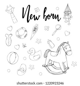 Black and white. Newborn. Objects isolated on white background with children's  theme. Set of elements. Newborn collection  kit  objects. Calligraphy phrase. Stickers
