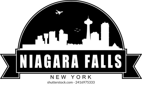 Black and white Niagara Falls New York buildings skyline negative air space silhouette dome shaped emblem with scroll banner below and name text inside. Vector eps graphic design.