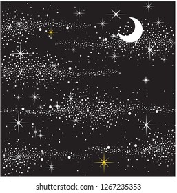 black and white night sky background with shiny stars and moon