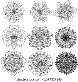 6 Mandala en blanco y negro para el libro de colorear, elemento de diseño, tatuaje. ilustración geométrica estilo floral asiático