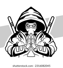 ninja en blanco y negro Estilo de concepto para la impresión de insignias, emblemas y camisetas y ilustración de Tattoos ninja 