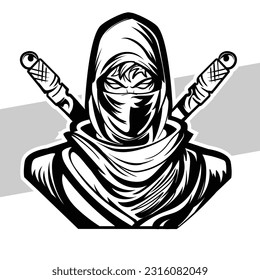 Black and white ninja Concept style for badge, emblem and tshirt printing and Tattoos ninja illustration 