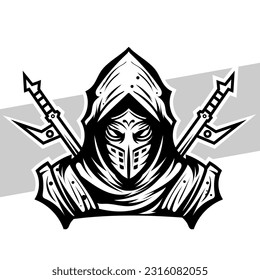 ninja en blanco y negro Estilo de concepto para la impresión de insignias, emblemas y camisetas y ilustración de Tattoos ninja 