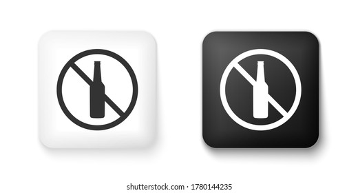Black and white No alcohol icon isolated on white background. Prohibiting alcohol beverages. Forbidden symbol with beer bottle glass. Square button. Vector