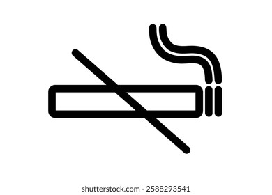 Black and white no smoking symbol featuring a crossed-out lit cigarette, representing smoking prohibition in designated areas for health and safety.	
