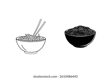 Black And White Noodles In Bowl With Chopsticks Asian Cuisine Vector Art
