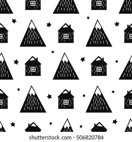 Black and white nordic mountains, houses and stars. Seamless pattern with geometric snowy mountains and homes. Simple scandinavian nature illustration. Vector mountains background.