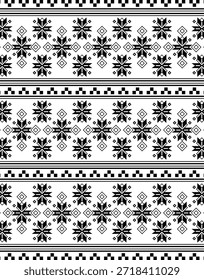 Padrão nórdico de inverno preto e branco com ornamentos de flocos de neve geométricos