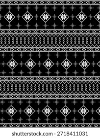 Black and white nordic winter pattern with snowflakes and geometric ornaments
