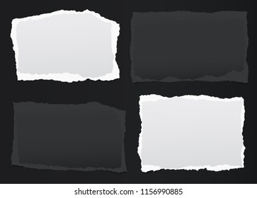 Black, white note, notebook paper pieces with torn edges stuck on black backgroud. Vector illustration.