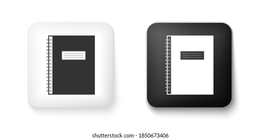 Black and white Notebook icon isolated on white background. Spiral notepad icon. School notebook. Writing pad. Diary for business. Office stationery items. Square button. Vector.