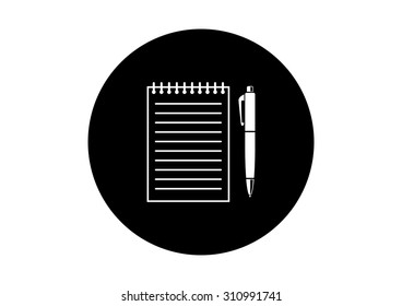 Black and white notepad icon on white background