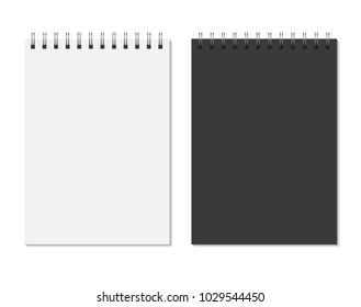 Black and white notepad mock up isolated on white background. Blank pages, copybook with metal spiral template. Realistic closed notebook vector illustration.