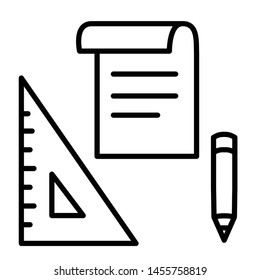 Black and white notes, pencil and ruler icon cartoon, simple line art, editable stroke. Sketch on paper, blueprints concept. Back to school vector drawing.