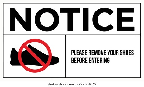 A black and white notice sign with a red prohibition symbol over a shoe silhouette requesting visitors to remove footwear before entering.
